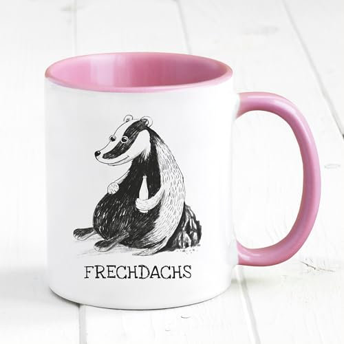Tasse bedruckt Dachs Frechdachs Geschenk Geburtstag Kaffeetasse Kaffeebecher 330 ml spülmaschinenfest, rosa