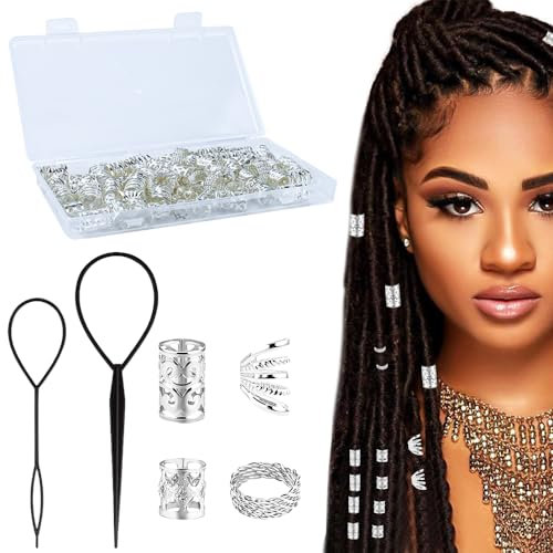 DIKEBAO 72 PCS Dreadlocks Perles Métal, Bijoux Cheveux Tresse en Métal Pinces à Cheveux en Spirale Bijoux Bijoux de Tresse de Cheveux Accessoire Cheveux Bijoux Réglables pour Hommes Femmes - Argent