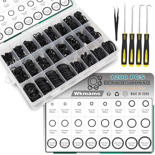 Wkmamo 1200 Stück Nitrilkautschuk Gummi Dichtungen O Ringe 24 Größen Dichtringe Flachdichtung Dichtungssatz Sortiment mit 4 Stk Pick & Hook und 1 Pinzette Set