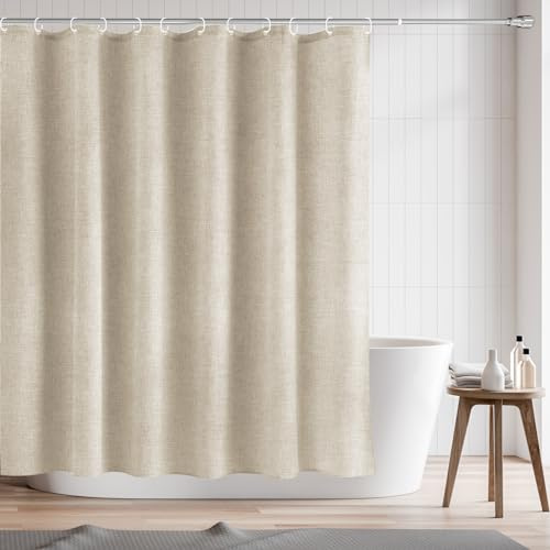 RAYNEAY Duschvorhang aus natürlichem Leinen, wasserabweisend, 182 x 182 cm, robuster Stoff, Leinenstruktur, Duschvorhang mit beschwertem Saum und Haken, für Badezimmer, Nassraum, Badewanne, Taupe