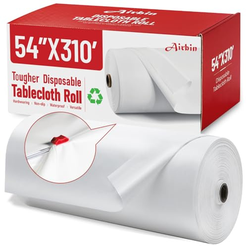 Airbin Plastic Table Cloth, 310 Ft X 54 in Disposable Tablecloth White Plastic Tablecloth with Any Cut Sliding Cutters Premium Table Cover Roll for Picnics, Parties, Birthdays, Weddings