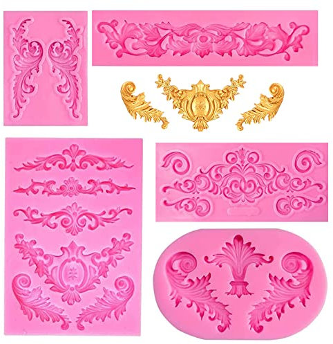 JRYGAC 5 Pcs Moule Silicone Relief Baroque Vintage, DIY Moule Pate a Sucre, Moule Silicone Forme de Vigne de Fleurs en Silicone, Baroque Moule en Silicone Patisserie, pour Moule Sugarcraft DIY
