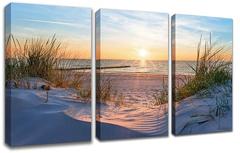 Visario Bild 120x80 cm gerahmt Strand Meer Dünen Sonne Design Wandbild, Bilder auf Rahmen mit umwickelter Leinwand, Markenware 4422