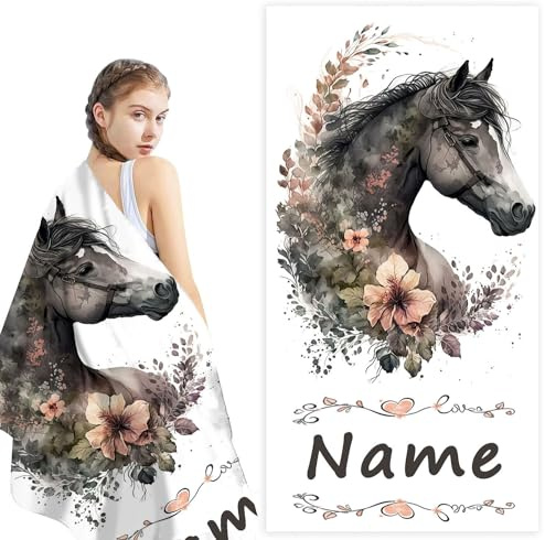 Fadaing Personalisiertes Pferd Strandtuch Mit Namen, Pferd Handtuch Badetuch Mit Namen Mikrofaser Strandtuch Groß 70x140cm Badetuch Geschenke Für Kinder (1,60 x 120 cm)