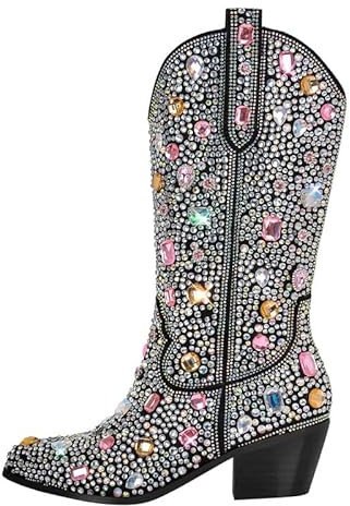 MissHeel Cowboy Boots - Stivaletti lucidi con tacco a imbuto, con brillantini, con pietre decorative, Nero , 41 EU