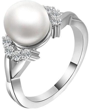 Skcess Platin Verlobungsring Damen Weiß Perle Runden, Ring Damen mit Runder Perle Ringe Frauen Größe 63 (20.1)