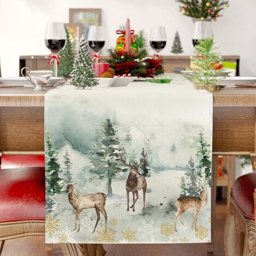 WINAROI Weihnachtsdecken für Tisch,Weihnachtstischläufer Tischläufer Grün,Tischläufer Weihnachten Mode Aquarell Rentier Baum für Drinnen und Draußen Party Küche Esstisch Dekoration