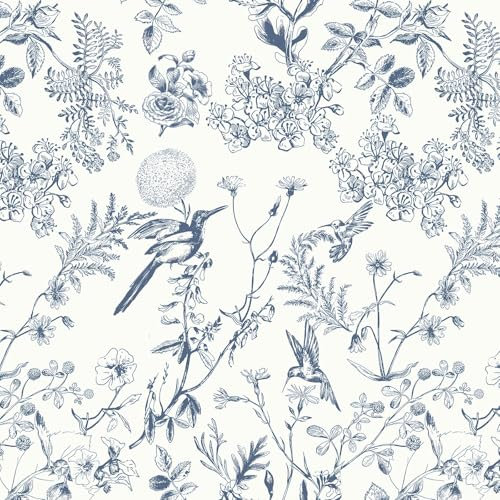 Yomshi Peel and Stick Wallpaper White and Blue 44×600cm Self Adhesive Wallpaper Bird Wallpaper Floral Wallaper Vintage Vinyl Wrap Waterproof Sticky Back Plastic for Living Room Bedroom Kitchen