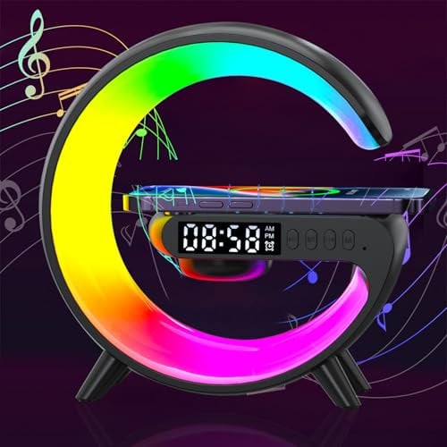 FuyoSegen Kabelloses Lautsprecher-Ladegerät, LED-Nachttischlampe, 4-in-1-Wecker, Stimmungslicht, Lautsprecher und kabelloses Ladegerät, G-förmige Atmosphärenlampe, RGB-Farbwechsel-Lampe für