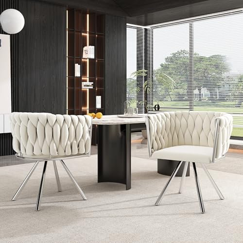 Merax 2er Set Esszimmerstühle Drehbar, Esszimmerstühle mit Armlehne, Küchenstühle, Stühle Esszimmer, Luxus Drehstühle für Esszimmer, Lounge, Schlafzimmerkommode, Samt, Beige+Silber