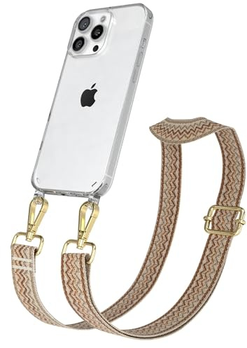 EAZY CASE Handykette - Verstellbares Taschenband kompatibel mit iPhone 16 Pro Max, Schulterriemen, Handykordel mit Silikon Hülle, Umhängetasche, Beige Braun Gold