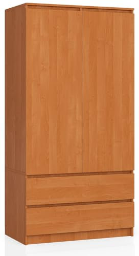 BDW armadio 2 ante, 4 ripiani, appendiabiti, 2 cassetti, appendiabiti, armadio a cassetti, armadio per camere da letto, soggiorni, 180x90x51cm, (Ontano)