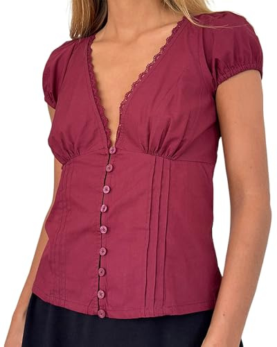 Y2K Damen Crop Top mit Rüschen, kurze Puffärmel, V-Ausschnitt, Spitzenbesatz, Button-Down-T-Shirt, Sommer, Fee, Grunge, Babydoll-Bluse, T-Shirt, Rose Red a, L