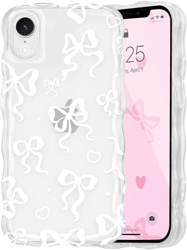 Draamvol for iPhone XR Phone Case, Clear Wave Frame Ribbon Bowknot Pattern for Girls Women Soft Non-Yellowing Shockproof TPU Camera Protective Phone Bumper Cover, White