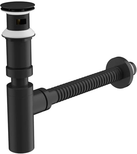 Hibbent Design Siphon mit Pop Up Ventil Ablaufgarnitur für Waschbecken- Höhenverstellbares & Biegsames 304 Edelstahl Abflussrohr (für Waschbecken mit Überlauf) - G1 1/4 Universalanschluss - Schwarz