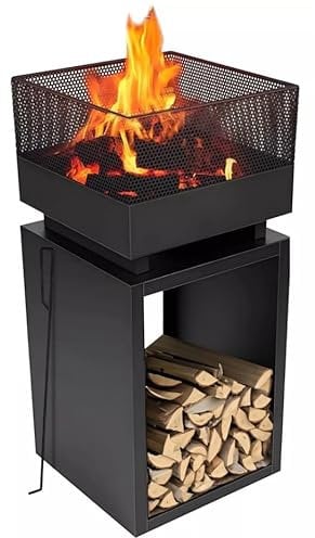 Muntel Feuerkorb mit Funkenschutz, Feuertonne, Holzofen,feuerschalen, Deko Terrasse, Außenofen, Gartenkamin, Aufbewahrung, Firepit, Stahl, 39 x 39 x 85 cm
