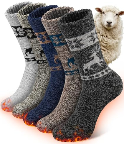 SIHOHAN 5 Pairs Merino Wool Socks Mens Cozy Thick Hiking Walking Sock | Extra Warm Breathable Winter Thermal Socks for Skiing Sports Outdoor