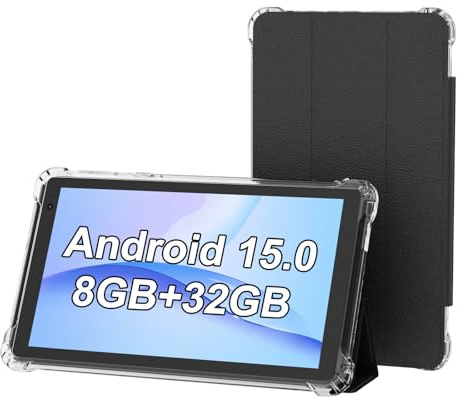 PEICHENG Tablet with Protective Case, 7 IPS 1024 * 600 Android 15.0 Tab PC RAM 8GB(3+5Expand)+ROM 32GB Bluetooth 5.0 WiFi6 2.4G+5G 2MP+5MP Dual Cameras (Black)