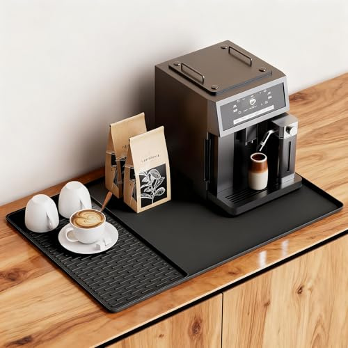 Kaffeemaschine Unterlage, 2-in-1 Silikonmatte für Küchenmaschinen, Kaffeematte Anti-Rutsch Wasserdicht, Kaffeemaschine Abtropfmatte Silikon, Barista Matte, Tampermatte, 60 * 40cm, Schwarz