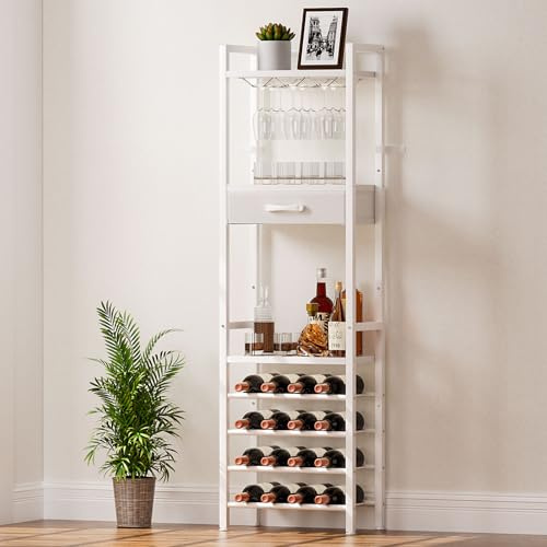 Yorbay Weinregal Freistehend für 16 Flaschen: 4 Flaschenreihen | Flaschenregal mit 3 Reihen Glashalter für 9 Gläser und Schublade - Metallregal für Bar Küche Esszimmer - Weiß