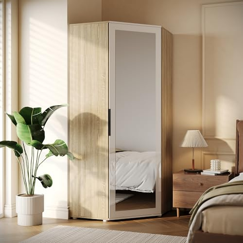ELEGANT Corner Mirrored Wardrobe with 2 Hanging Rails and 5 Storage Shelves | Modern White Oak High Gloss & Matt Bedroom Closet Storage, Space Saving Design