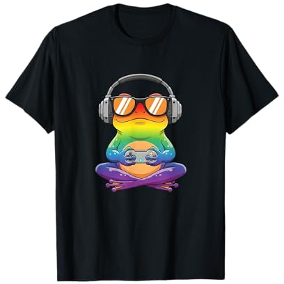 Rainbow Gamer Frog with Headphones Cute Chill Gaming Cartoon Maglietta