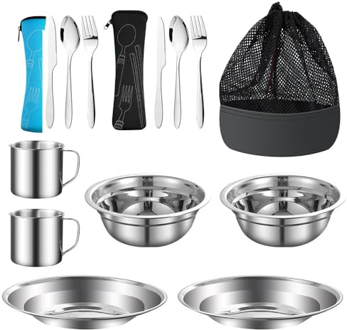 HOVCEH Campingbesteck Set, 15 Stück Edelstahl Camping Geschirr mit Teller Schüssel Tasse Gabel Löffel und Bestecktasche, Aufbewahrungstasche, Edelstahl Geschirr Set für Camping, Wandern und Picknick