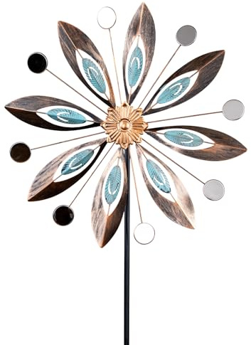 Windrad Gartenstecker Metall H180cm Blume Antik Spiegel Gartendeko Windmühle Windspiel Garten Metallstecker Blumenstecker Metallblume