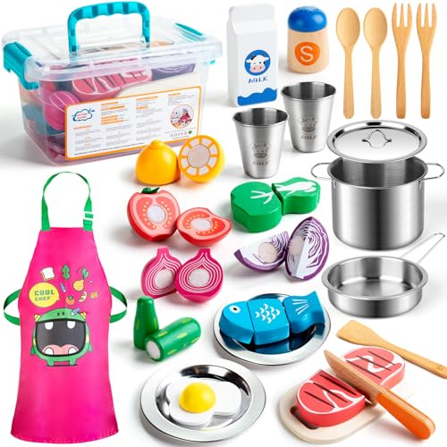 Sundaymot Accessoires de Cuisine pour Enfants, Jeu d'Imitation Complet avec Casseroles en Acier Inoxydable, Fruits et Légumes à Découper et à Peler, Cadeau Éducatif pour Garçons et Filles dès 3 Ans