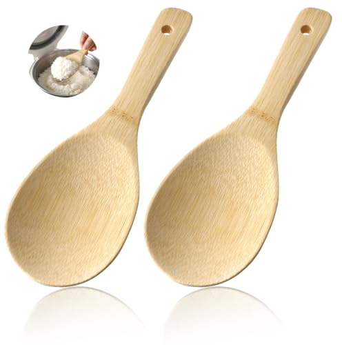 RAHHLIZS 2PCS Bamboo Rice Paddle, Non-Stick Rice Spoon & Rice Spatula, Natural Bamboo Spoons for Cooking, Lightweight Heat Resistant Safe for Kitchen Restaurant Grains, 8 Inch