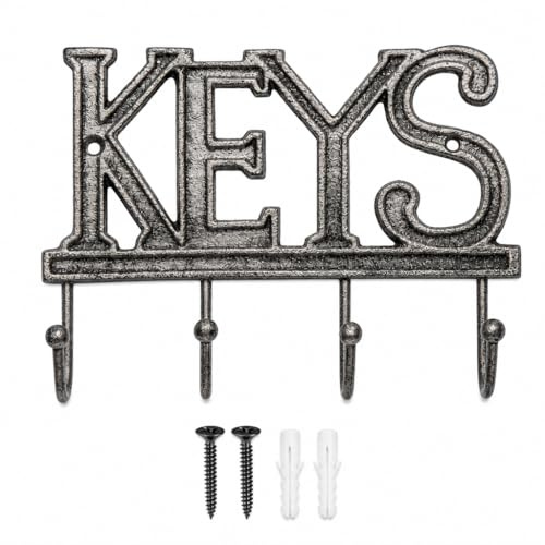 Comfify Key Holder - Keys - Wall Mounted Key Hook - Rustic Western Cast Iron Key Hanger - Decorative Key Organizer Rack with 4 Hooks - with Screws and Anchors - Silver with Black