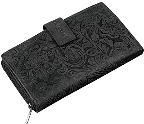 STILORD 'Greta' Vintage Damen Geldbörse Leder Portemonnaie Blumen Muster Große Geldbörse Lianen Gross Quer 13x EC-Karten und Kleingeld aus Rindsleder, Farbe:schwarz floral