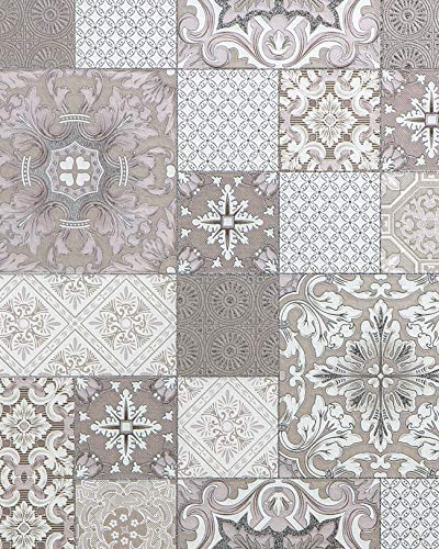 EDEM Tile Pattern Wallpaper 87001BR13 Vinyl Wallpaper Beige White Silver Taupe 0.53 m x 10.05 m / 5.33 sqm