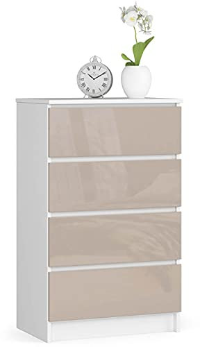 AKORD Kommode K60 60 cm | 4 Schubladen | Schrank | für das Wohnzimmer | für das Schlafzimmer | B60 x H99 x T40 cm | Gewicht 29,80 kg | Weiß/Cappuccino Hochglanz
