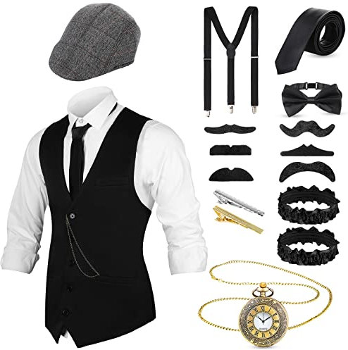 Blulu 20er Herren Weste Kostüm Zubehör Set Fedora Hut Vintage Taschenuhr Vorgebundene Fliege 1920er Jahre Mann Cosplay Outfit Accessoires für Männer Vintage Party (M)
