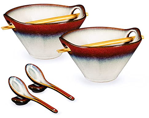 HENXFEN LEAD Porcelain Ramen Bowl Set, 2 Pcs 780ml Japanese Ceramic Ramen Bowl with Chopsticks & Spoon for Soup, Salad, Pasta, Cereal, and Noodles - Red