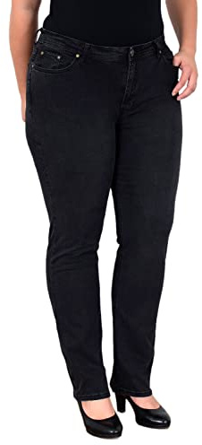 ESRA Damen Jeans Straight High-Waist Fit Jeans-Hose bis Übergröße Plussize Große Größen Gerade Schnitt Hose Hoch-Bund Leg Stretch hoher Bund FG5, Schwarz J580, 48