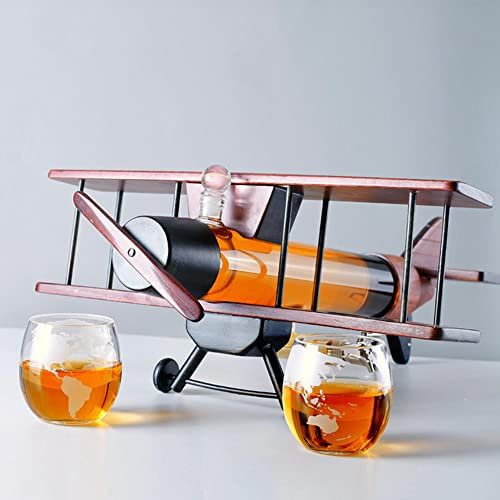 GImLY Whiskey Decanter Set, 1000ML Airplane Shaped Wine Bottle, Antique Wooden Plane Decanter, 2 Glasses, Airtight, Transparent, Ideal for Scotch, Bourbon, Vodka