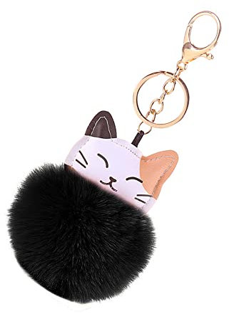 ihreesy Katze Schlüsselanhänger, Schön Pom-pom Schlüsselbund Anhänger PU Leder Katze Tier Bommel Taschenanhänger Charms Dekoration Schlüsselring Dekor Taschen-Zubehör für Frauen Mädchen,Schwarz