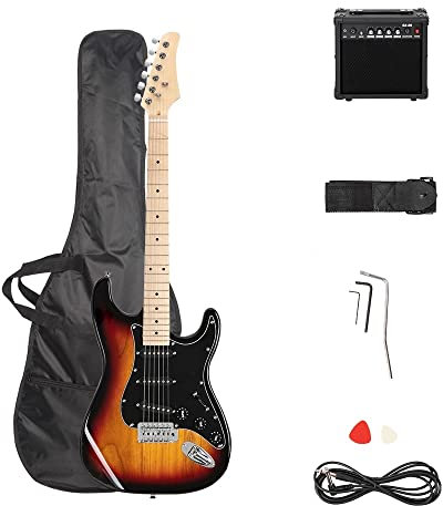 Trayoz Full-Size Electric Guitar Kit with 20Watt Amp, SSS Pickups Beginner Electric Guitars Kit W/All Accessories Strap, Gig Bag & Cable (Brown Sunburst)