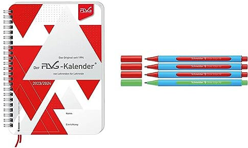 FLVG Lehrerplaner 2023/2024 A5 für Lehrerinnen und Lehrer kompakter Schulplaner & Schneider 152272 Slider Edge XB Lehrer Korrekturset (4er Set Kugelschreiber im Aufsteller, Strichbreite XB) rot, grün