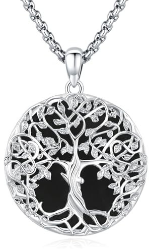 Eusense Baum des Lebens Anhänger 925 Sterling Silber mit Schwarzem Obsidian Baum des Lebens Halskette Kette Schmuck Geschenk für Frauen Mädchen