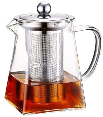 Glass Teapots with Infuser, Tea Pot with Strainer for Loose Leaf Tea, Clear Borosilicate Glass Teapot, Small Square Teapot for One, Gifts for Tea Lovers, 600ml/20oz