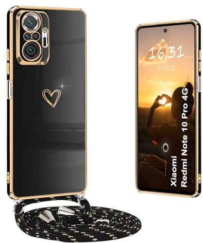 Yutwo Funda para Redmi Note 10 Pro 4G con Cuerda y Colgante - Patrón de Corazón, Carcasa Silicona Antigolpes para Xiaomi, Negro