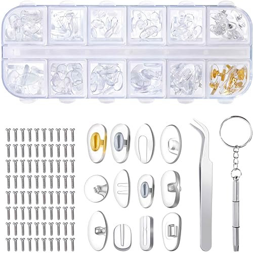Plaquettes de Nez de Lunettes Kit de Réparation de Lunettes avec 80 Vis Pincette Petit Tournevis pour Lunettes à Visser Lunettes à Enfoncer 12 Styles 60 Paires