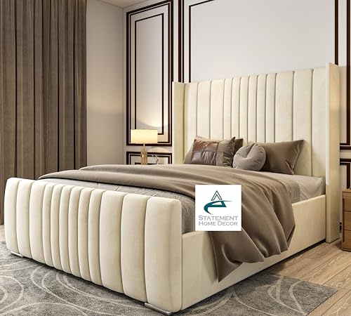 Statement Home Decor Double Ottoman Bed Curved | Winged Headboard Ottoman Storage Bed | Velvet Upholstered Bed Frame | Wingback Curved Bed Frame |King, Super King (Cream Plush Velvet, 3FT SINGLE)