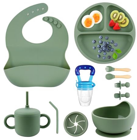 SHGUMITE Baby Weaning Set - Baby Feeding Set with Suction Bowl, Plates, Bib & Spoons, Baby Gift for Toddlers, Baby Weaning Essentials & Baby Gifts (Green)