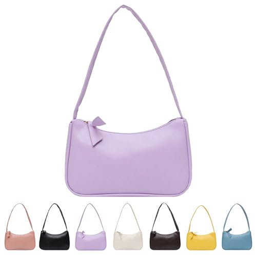 CXINLky Damen Handtaschen Schultertasche, Y2K Achsel Tasche Nylon Hobos Tasche Klein PU Tasche Handtaschen Schultertasche mit Reißverschluss-Lila
