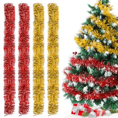 Weihnachtsgirlanden Rot Gold, 4pcs Lametta Girlande, 2m Lametta Weihnachtsbaum Rot Gold, Lametta Girlande Weihnachten, Weihnachtsdeko Lametta für Weihnachtsbaum, Geburtstagsparty Deko