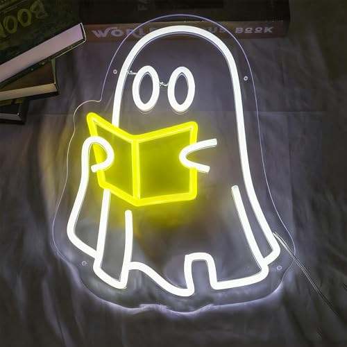 Ghosts Reading Neon Sign Light Dimmable and Reusable LED Spooky Boo Light up Halloween Indoor Decor for Fireplace Bedroom Kitchen Office Table 36x27CM/14.2x10.6In,USB Powered